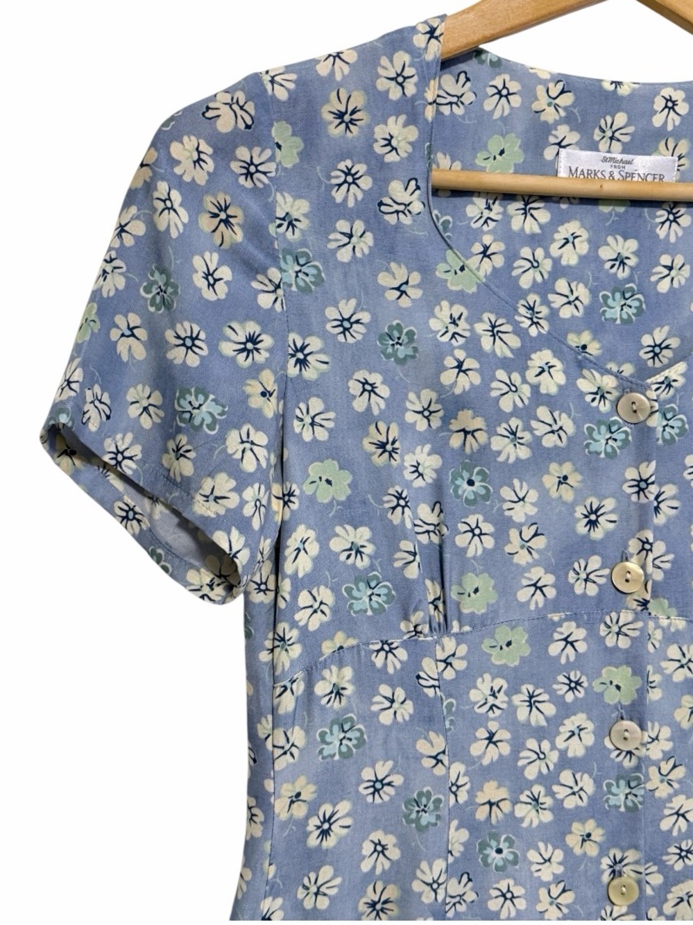 Vintage 80’s Marks & Spencer Button Front Floral Midi Dress In Pale Blue Mix | 6 - Picture 5 of 14